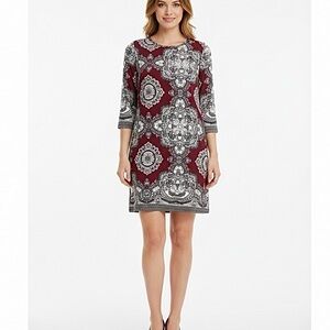 Allison Joy Evereve Dress Burgundy Jacquard Medallion Shift Mini S Boho Retro